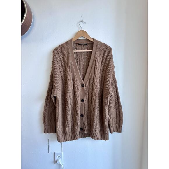 Jenni Kayne Cotton Cable Cardigan Sweater Dark Caramel Size M - Picture 4 of 9